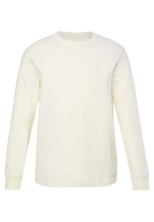 Sudadera de manga larga color crema con cuello redondo, puños acanalados y una textura suave. Sin patrones ni logotipos visibles.