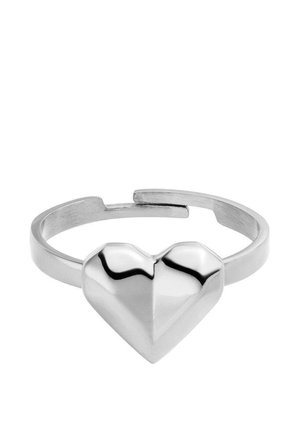 Silver open band ring with a polished geometric heart shape at the center on a white background.