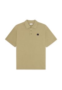 Kaki polo skjorte med korte ermer, tre-knapp knappelukking og liten brodert logo på venstre bryst. Glatt bomullsstoff.