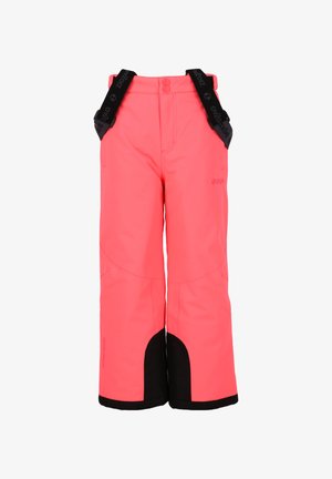 Roze sneeuwbroek met zwarte accenten, gemaakt van waterdicht materiaal. Voorzien van verstelbare banden, een knoopsluiting en zijzakken.