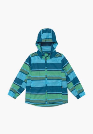 Chaqueta de lluvia con capucha para niños, con rayas horizontales en tonos de azul y verde, cierre de cremallera y botones a presión, puños elásticos y bolsillos delanteros.
