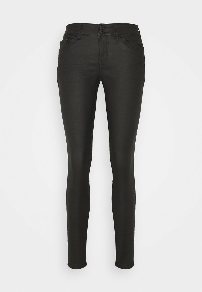 Černé slim-fit džíny vyrobené z elastického denimu, s klasickým pětikapsovým designem, zapínáním na dva knoflíky a hladkým povrchem.