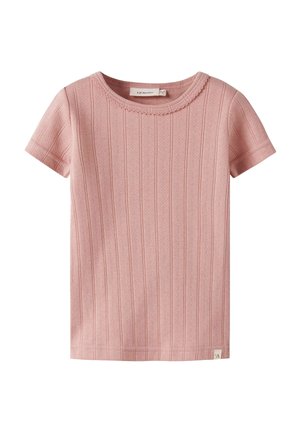 Maglietta a maniche corte in maglia rosa con coste verticali e scollo rotondo smerlato, progettata per bambini.