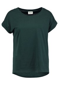 Mörkgrön T-shirt med kort ärm och uppvikta ärmslut, rundad halsringning och en något längre bakre fåll. Gjord av ett mjukt, slätt tyg.