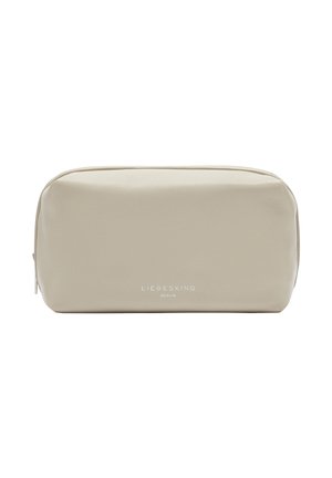 Beige Kosmetiktasche aus glattem synthetischem Material, mit rechteckiger Form, oberem Reißverschluss und dezenter Markenlogo auf der Vorderseite.