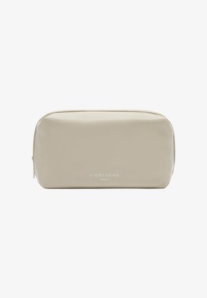 Borsa cosmetica beige realizzata in materiale sintetico morbido, con una forma rettangolare, chiusura con zip superiore e logo del marchio discreto sul fronte.