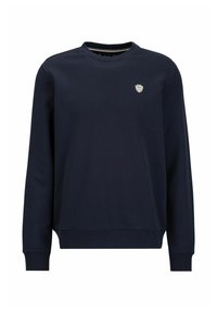 Dunkelblauer Pullover aus Baumwolle mit Rundhalsausschnitt, langen Ärmeln und einem kleinen gestickten Logo auf der Brust. Glatte Textur.