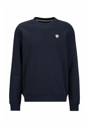 Dunkelblauer Pullover aus Baumwolle mit Rundhalsausschnitt, langen Ärmeln und einem kleinen gestickten Logo auf der Brust. Glatte Textur.