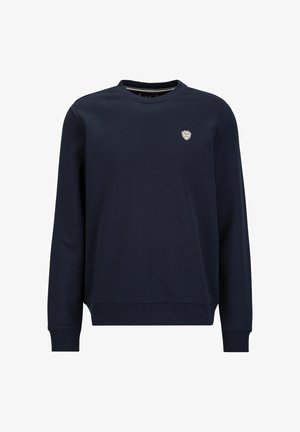 Dunkelblauer Pullover aus Baumwolle mit Rundhalsausschnitt, langen Ärmeln und einem kleinen gestickten Logo auf der Brust. Glatte Textur.