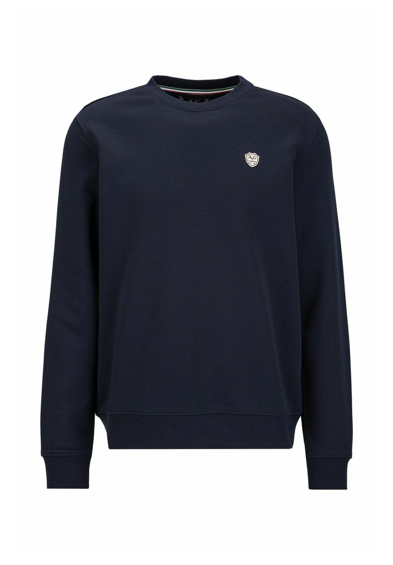Dunkelblauer Pullover aus Baumwolle mit Rundhalsausschnitt, langen Ärmeln und einem kleinen gestickten Logo auf der Brust. Glatte Textur.