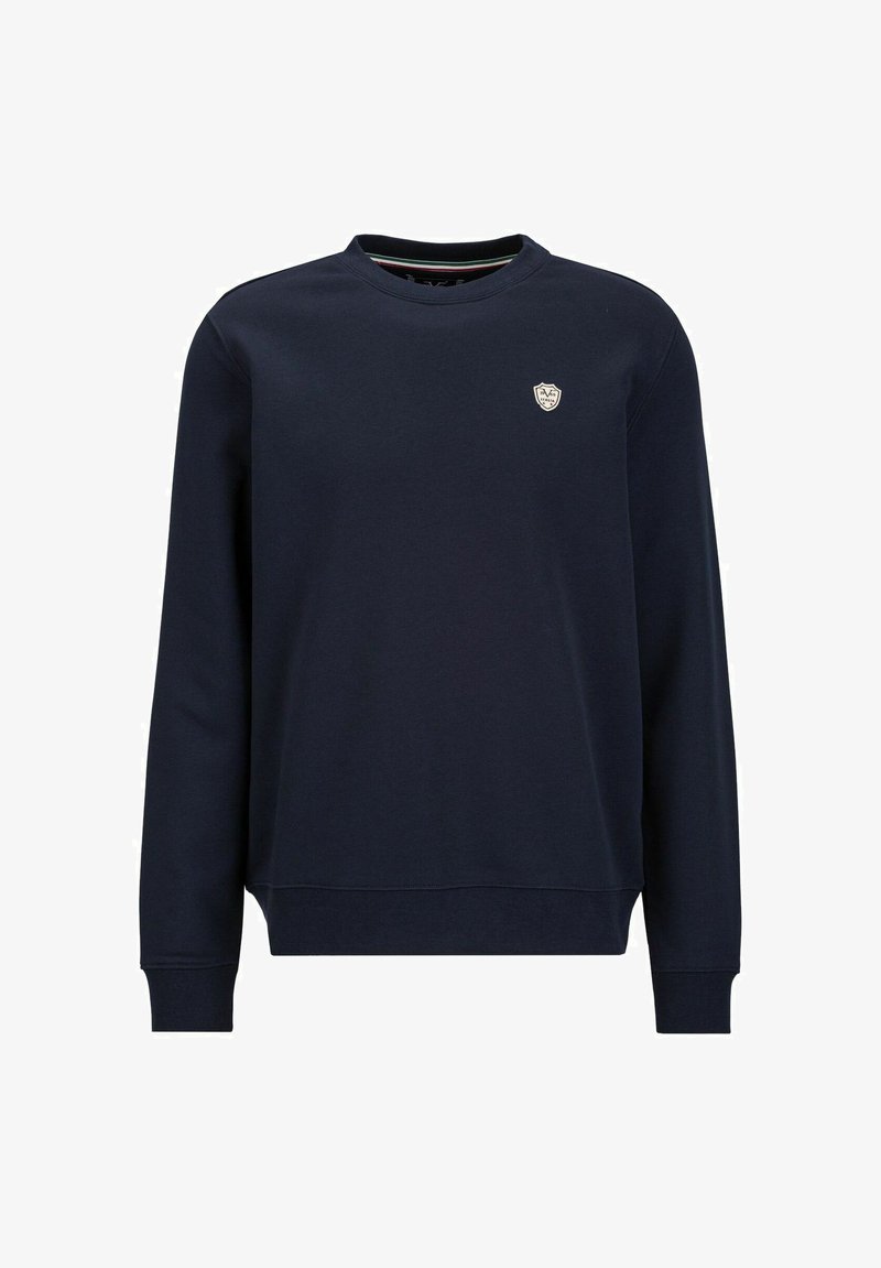 Dunkelblauer Pullover aus Baumwolle mit Rundhalsausschnitt, langen Ärmeln und einem kleinen gestickten Logo auf der Brust. Glatte Textur.