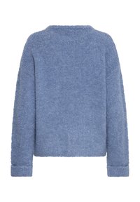 Maglione blu lavorato a maglia, tessuto testurizzato, vestibilità ampia, collo rotondo, maniche lunghe con polsini a coste, lunghezza cropped, senza motivi né decorazioni.