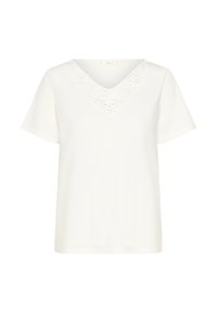Witte t-shirt met korte mouwen en een V-hals, versierd met bloeiende kant rond de halslijn, gemaakt van zacht materiaal met een ontspannen pasvorm.
