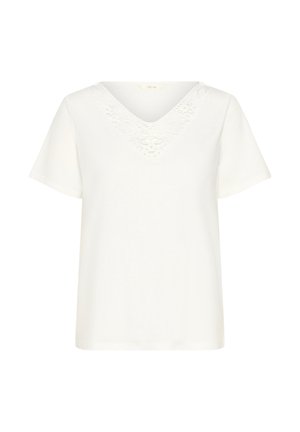 Witte t-shirt met korte mouwen en een V-hals, versierd met bloeiende kant rond de halslijn, gemaakt van zacht materiaal met een ontspannen pasvorm.