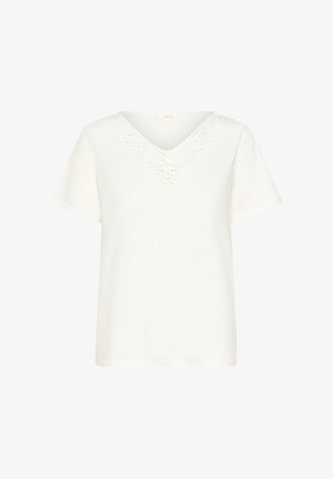 Balta trumpa rankovėmis marškinėliai su V forma iškirpte ir gėlėmis iš nėrinių iškarpomis aplink iškirptę, pagaminti iš minkštos medžiagos ir laisvo kirpimo.