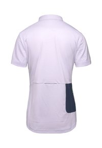 Witte polo shirt met korte mouwen, voorzien van een marineblauwe pocket aan de linkerkant. Gemaakt van soepel stof met een klassieke kraag en strakke lijnen.