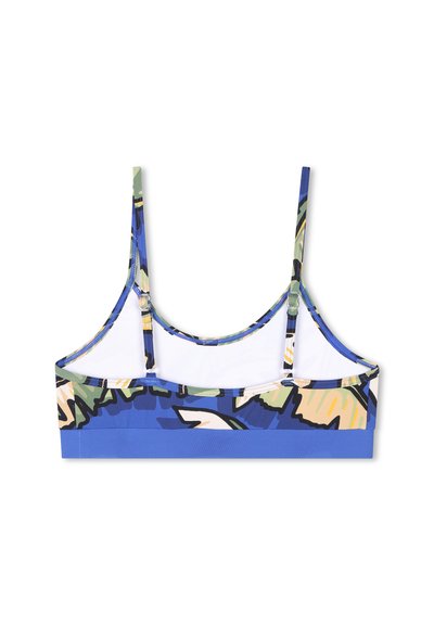 Bralette à motifs bleus avec bretelles réglables, présentant un motif floral dans des tons de vert et de jaune, fabriqué en tissu léger et extensible.