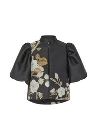 Crna bluzica s puf rukavima, cvjetni uzorak u bež i bijeloj boji. Ima stajni ovratnik i zatvaranje s patentnim zatvaračem sprijeda. Glatka, elegantna tekstura.
