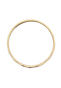 Bracciale rigido in metallo dorato con un bordo testurizzato e leggermente ondulato, caratterizzato da una forma circolare e un interno liscio.