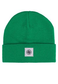 Green knitted beanie with a cuff, featuring a square patch with a black logo. Material is soft and textured, designed for warmth.