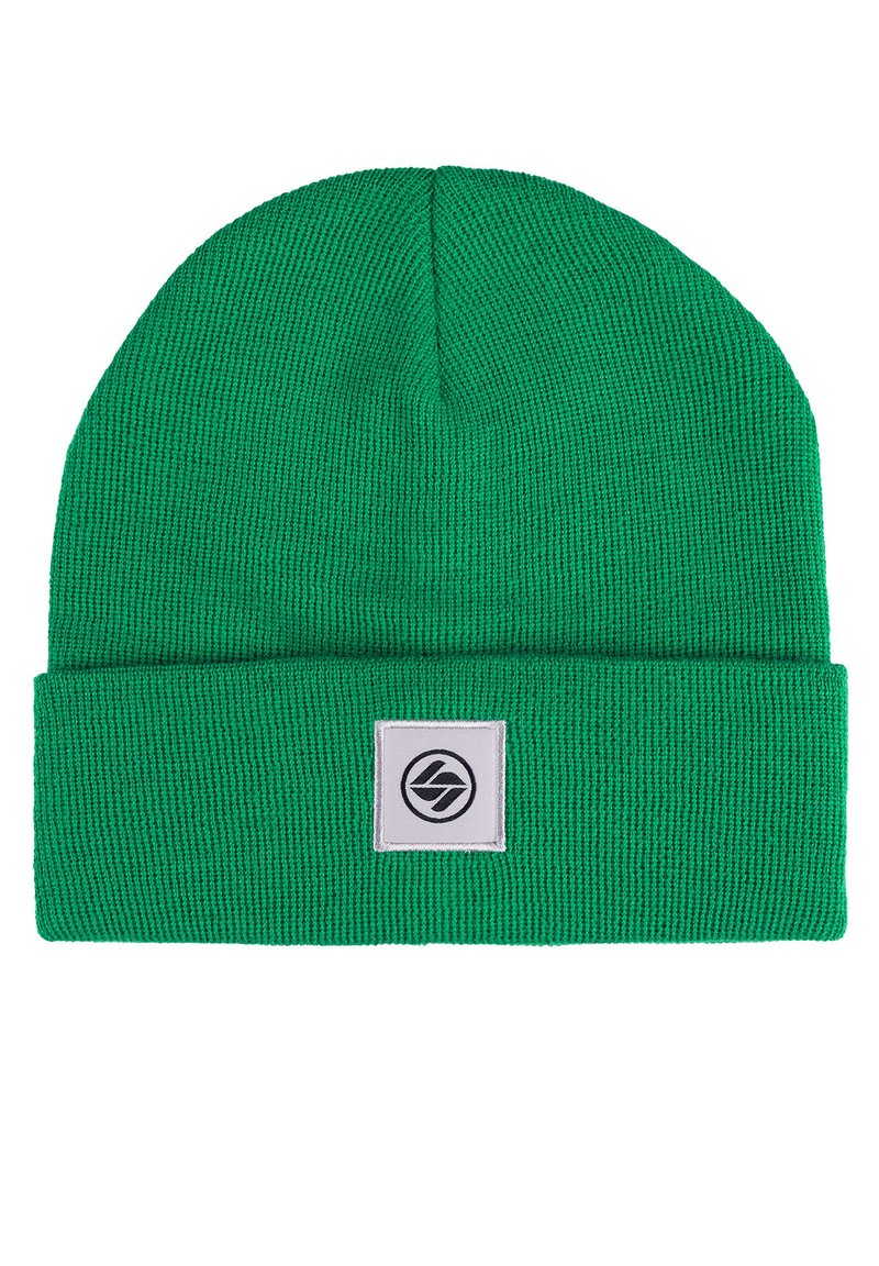 Green knitted beanie with a cuff, featuring a square patch with a black logo. Material is soft and textured, designed for warmth.