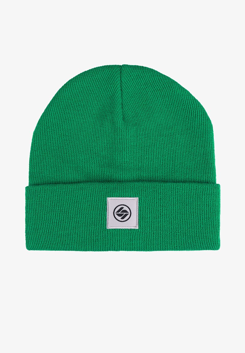 Green knitted beanie with a cuff, featuring a square patch with a black logo. Material is soft and textured, designed for warmth.
