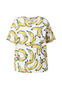 Camiseta blanca de manga corta con un vibrante patrón de plátanos en amarillo, azul y contornos negros. Corte relajado con un cuello redondo.