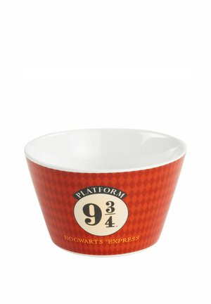 Red bowl with white interior featuring Platform 9 3/4 emblem and "Hogwarts Express" text from Harry Potter series.