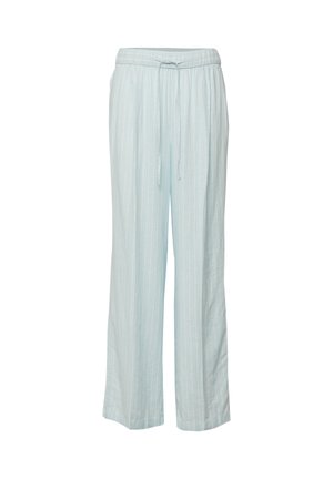 Jasnoniebieskie spodnie w paski o szerokich nogawkach z elastycznym pasem i troczkiem z przodu na białym tle.