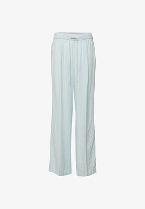 Light blue striped wide-leg pants with elastic waistband and front tie drawstring on white background.