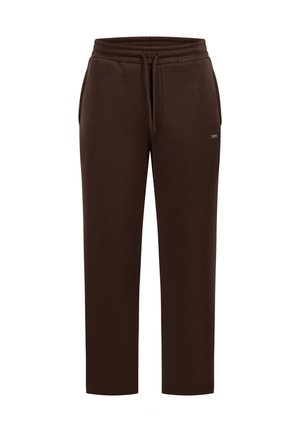 Brune sweatpants lavet af blødt stof, med en elastisk talje med snor og sidelommer, lige ben design.