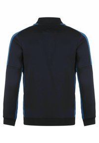 Sudadera azul marino con cuello y puños acanalados, y paneles laterales en azul contrastante. Fabricada en un material suave y elástico.