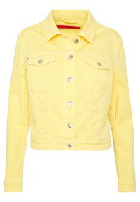 Keltainen denim-takki, jossa on klassinen kaulus, etu-nappilukitus, kaksi rintataskua ja pitkät hihat. Varustettu hopeansävyisillä yksityiskohdilla.