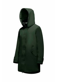 Giacca esterna verde con cappuccio, caratterizzata da una trama liscia, chiusura a scatto e cerniera, e due tasche frontali.