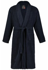 Navy blauwe badjas van badstof met lange mouwen, een sjawl-kraag, een strikceintuur en twee voorzakken. Zachte textuur en knielange ontwerp.