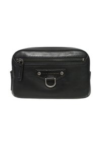 Borsa in pelle nera a vita con tasca frontale con zip, anello a D in metallo e etichetta del marchio cucita su una superficie liscia.