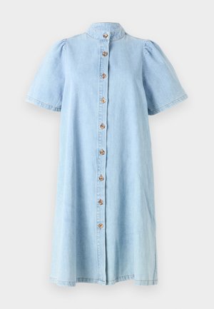 Hele sinine denimpäevakleit, millel on kraega kaelus, lühikesed puffvarrukad ja puidust nupud esiosas. Omab kontrastset tikkimist.