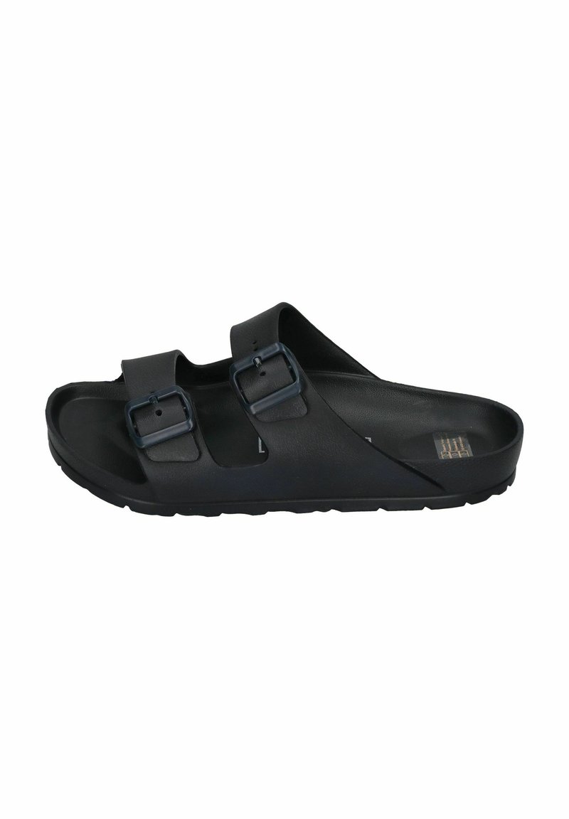 Black sandals made of flexible material, featuring two adjustable buckles, a contoured footbed, and a textured outsole for grip.