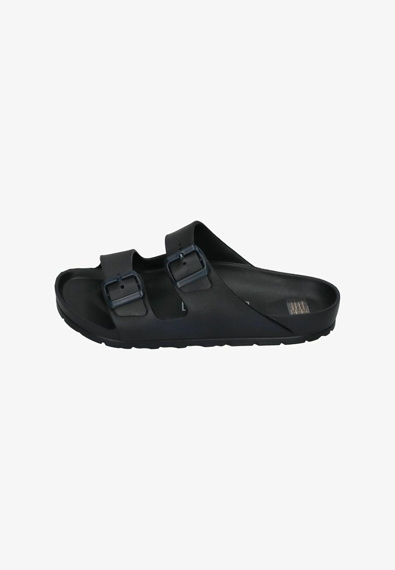 Black sandals made of flexible material, featuring two adjustable buckles, a contoured footbed, and a textured outsole for grip.