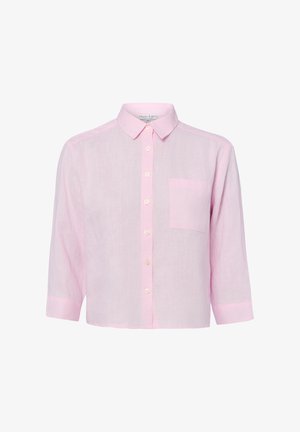 Hellrosa, langärmliges Hemd mit Knöpfen, Kragen und Brusttasche, gefertigt aus leichtem, halbtransparentem Stoff.