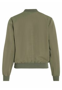 Veste bomber vert olive avec col, poignets et ourlet côtelés, vue de dos.