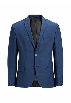 Veste de costume homme bleue avec deux boutons, revers crantés et poches à rabat, vue de face sur fond blanc.