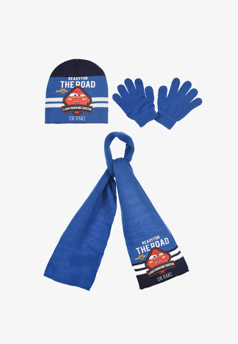Blue knit hat, gloves, and scarf set. Hat features "Ready for the Road" and Lightning McQueen design. Scarf and gloves are solid blue.