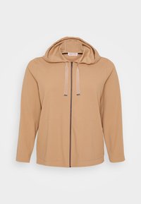 Καφετί φούτερ με φερμουάρ, κουκούλα με κορδόνι, δύο μπροστινές τσέπες, μαλακή υφή υφάσματος και απλή σχεδίαση χωρίς στολίδια.