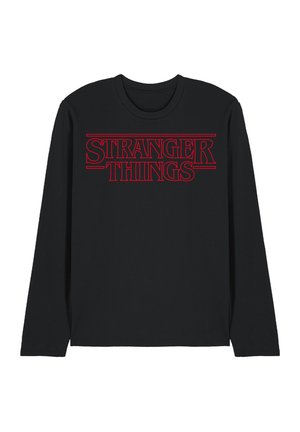 Black long-sleeve shirt with red outlined text "Stranger Things" centered on the chest in a retro-style font.