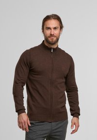 Brauner Reißverschluss-Pullover mit hohem Kragen, gerippten Bündchen und Saum, aus einem weichen Stoff, mit einem kleinen Logodetail auf der Brust.