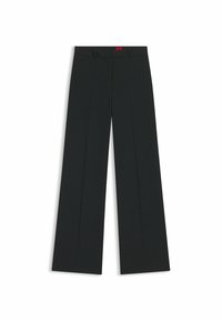 Pantaloni a gamba larga neri a righe sottili con una consistenza liscia, frontale piatto e un'etichetta rossa sulla vita.