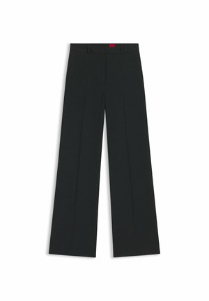 Pantaloni a gamba larga neri a righe sottili con una consistenza liscia, frontale piatto e un'etichetta rossa sulla vita.