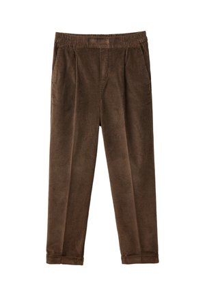 Braune Cord-Hosen mit elastischem Bund, seitlichen Taschen und umgeschlagenen Säumen, flach auf einem weißen Hintergrund präsentiert.