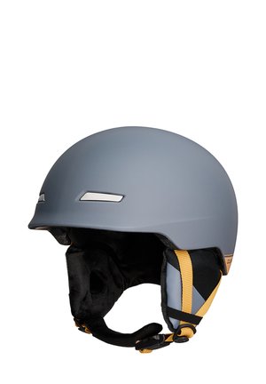 Casque de ski gris avec finition matte, deux bandes réfléchissantes à l'avant, intérieur noir doux et sangle de menton ajustable jaune.